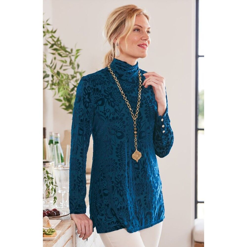 SOFT SURROUNDINGS Walden Velvet Turtleneck Dark Teal Blue, Sz M